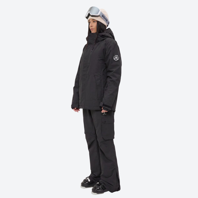 Women's waterproof 2L ski jacket and bib pants - black jacket with black pants, for skiing and snowboarding