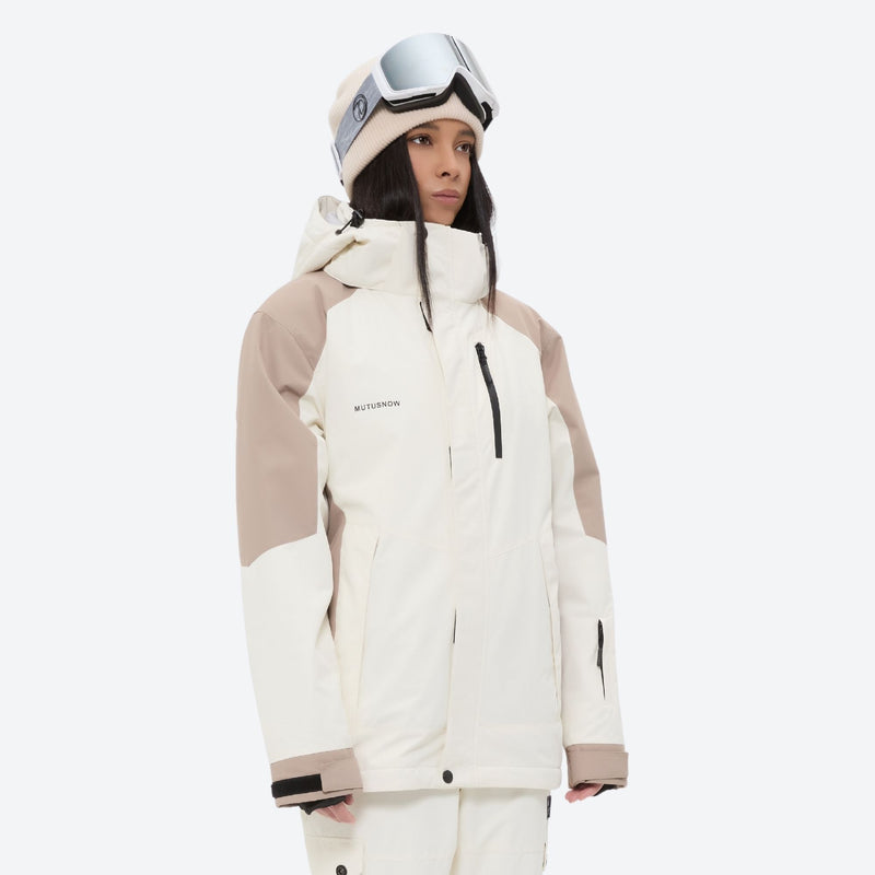 Women's breathable ski jacket with suspender pants - white and tan colorblock jacket with white pants