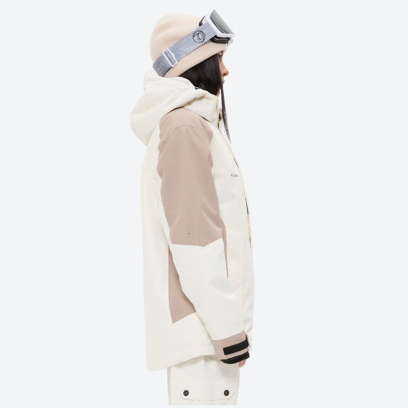 Women's 2-layer snowboard jacket and bibs set - white and tan colorblock jacket with white pants, on-model hood side view