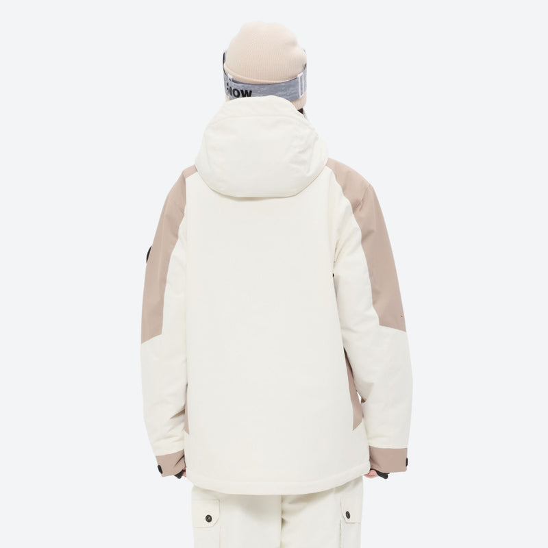 Women's waterproof 2L ski jacket and bib pants - white and tan colorblock jacket with white pants, for snowy mountain travel