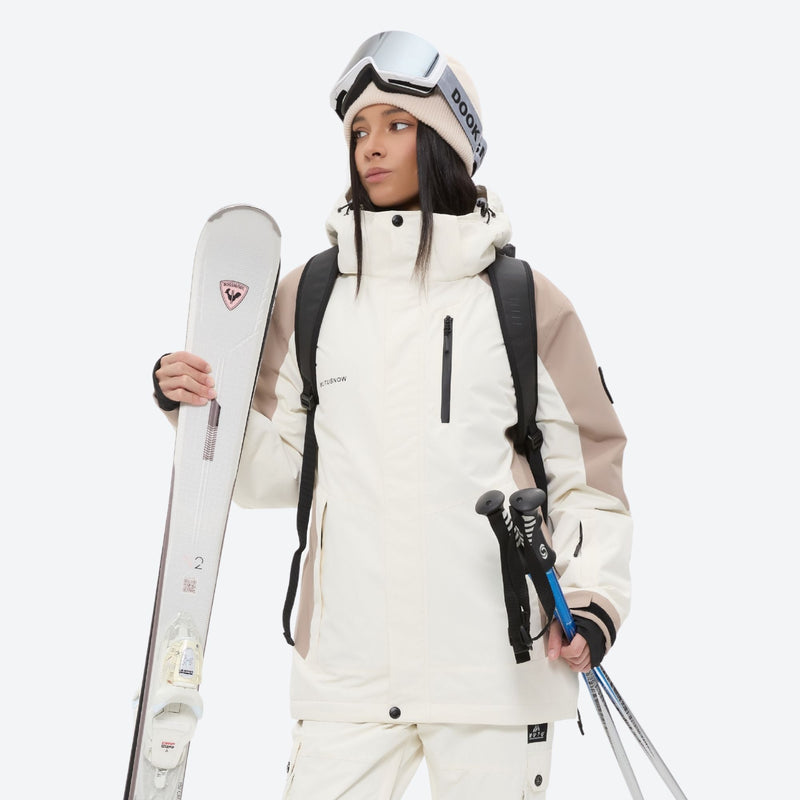 Women's 2-layer snowboard jacket and bibs set - white and tan colorblock, for skiing and snowboarding