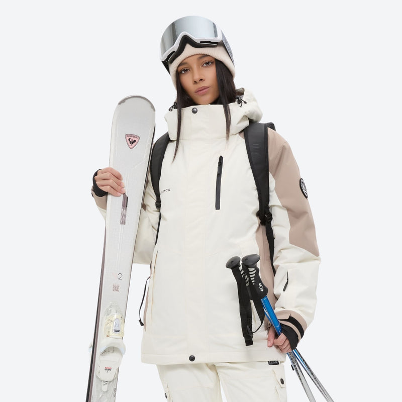 Women's waterproof 2L ski jacket and bib pants - white and tan colorblock, for cold-weather winter sports