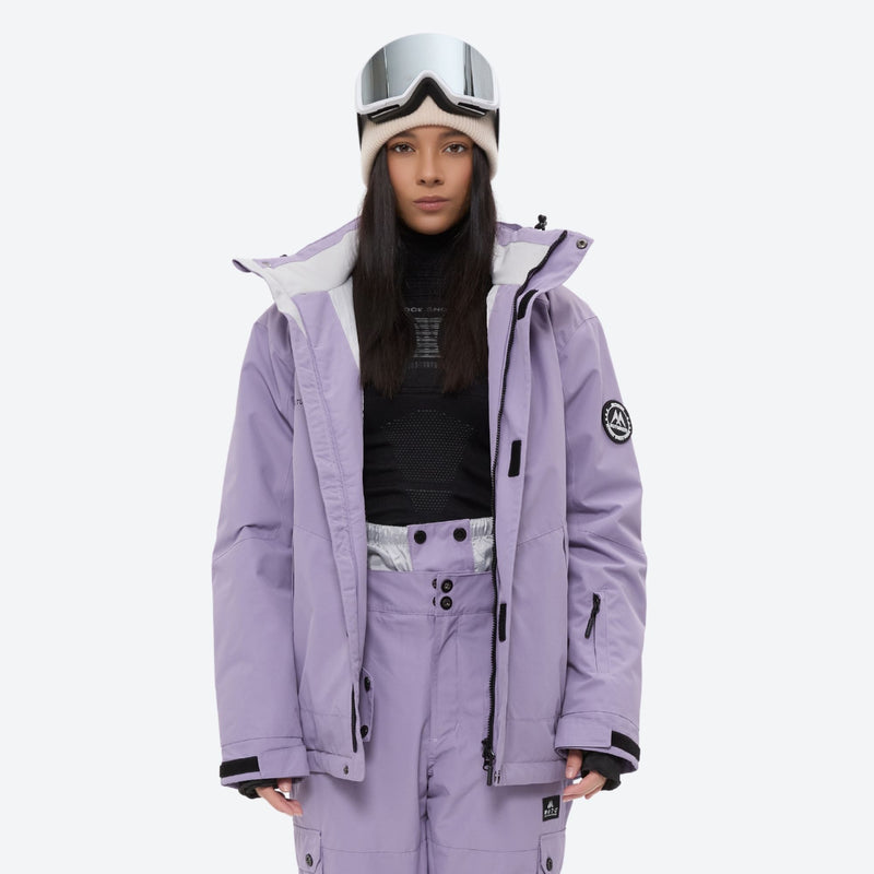 Women's breathable ski jacket with suspender pants - lavender jacket with lavender pants, for skiing and snowboarding