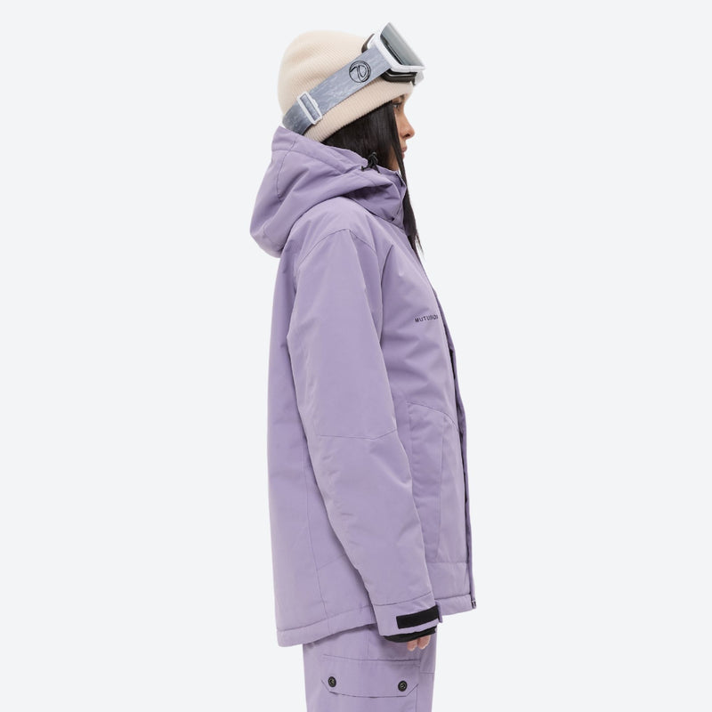 Women's waterproof 2L ski jacket and bib pants - lavender, on-model hood side view, for cold-weather winter sports