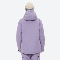 
                  
                    Women's breathable ski jacket with suspender pants - lavender, on-model back hood view, for snowy mountain travel
                  
                
