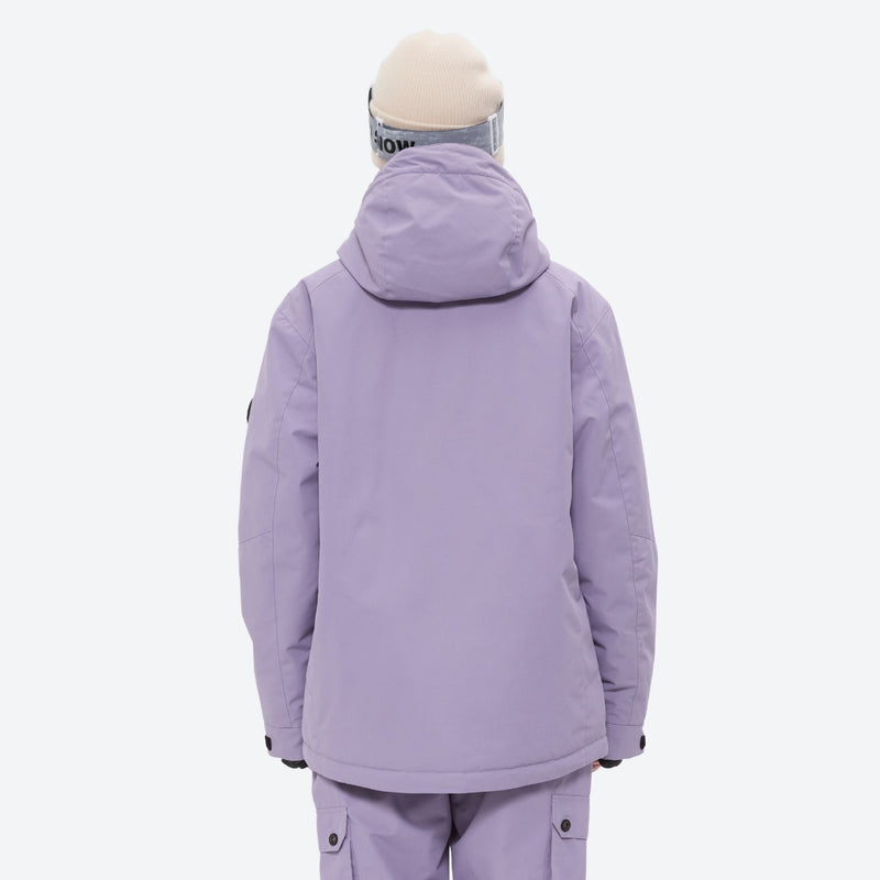 Women's breathable ski jacket with suspender pants - lavender, on-model back hood view, for snowy mountain travel
