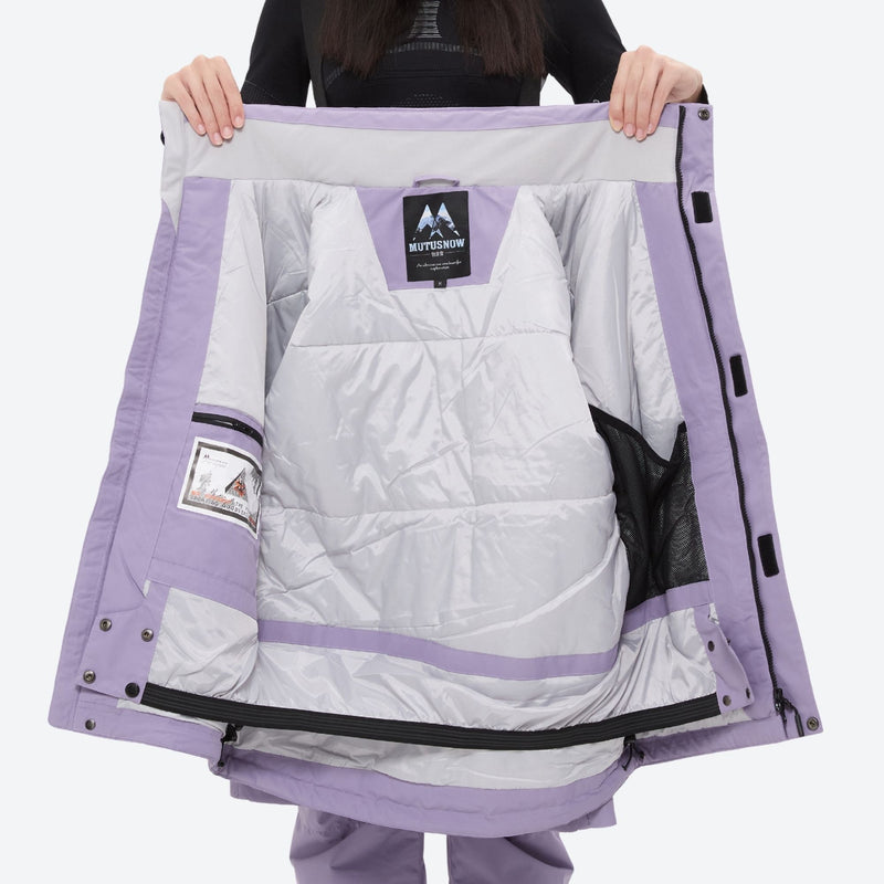 Women's 2-layer snowboard jacket and bibs set - lavender, interior lining open flat detail, for skiing and snowboarding