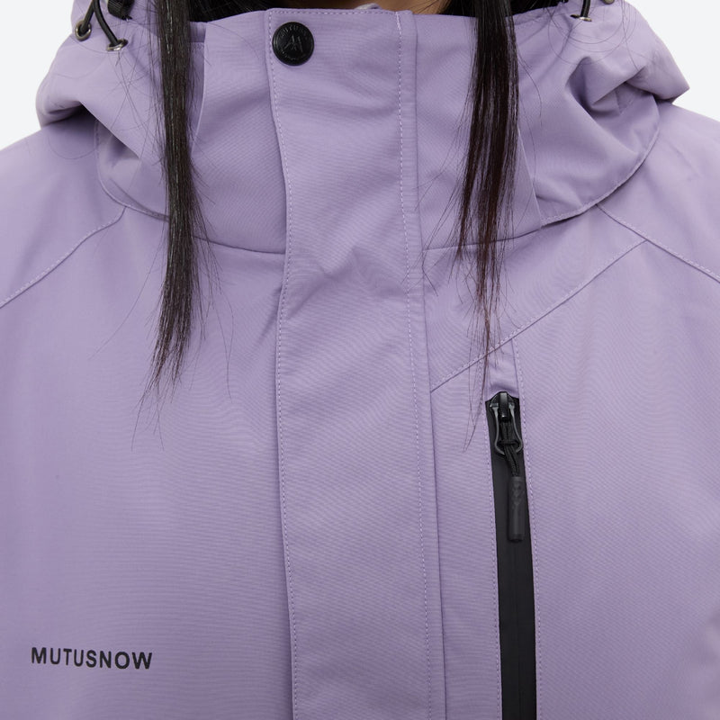 Women's waterproof 2L ski jacket and bib pants - lavender, collar zip close-up detail, for skiing and snowboarding