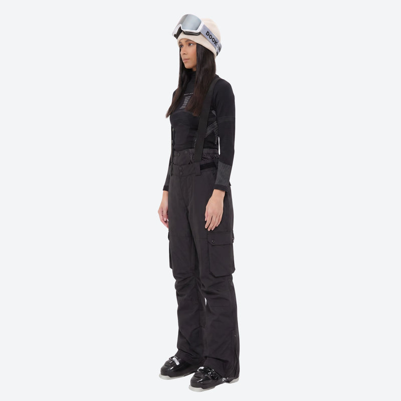 Women's breathable ski jacket with suspender pants - black snow pants, on-model side view, for skiing and snowboarding