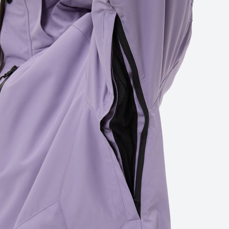 Women's 2-layer snowboard jacket and bibs set - lavender, underarm zip vent close-up detail, for cold-weather winter sports
