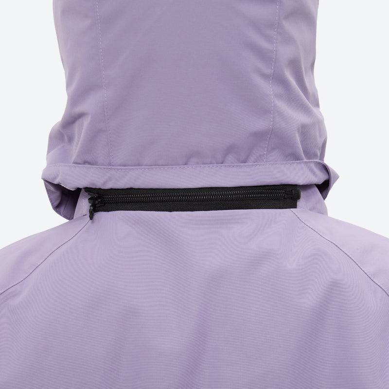 Women's breathable ski jacket with suspender pants - lavender, back hood close-up detail, for cold-weather winter sports