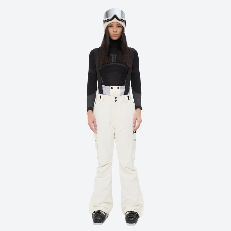 Women's breathable ski jacket with suspender pants - white snow pants, on-model front view, for cold-weather winter sports