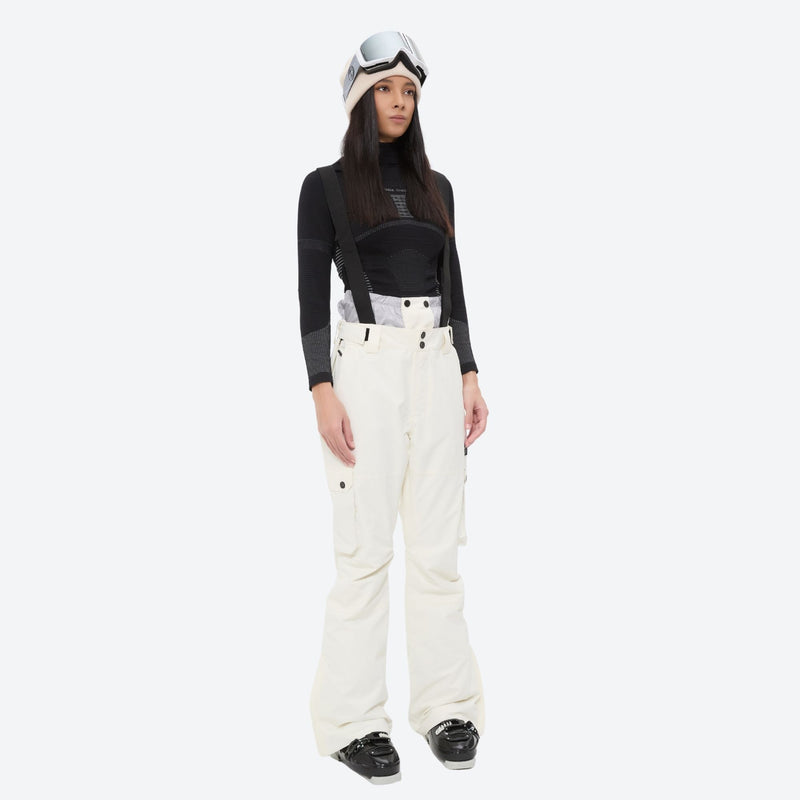 Women's breathable ski jacket with suspender pants - white snow pants, on-model front view, for skiing and snowboarding