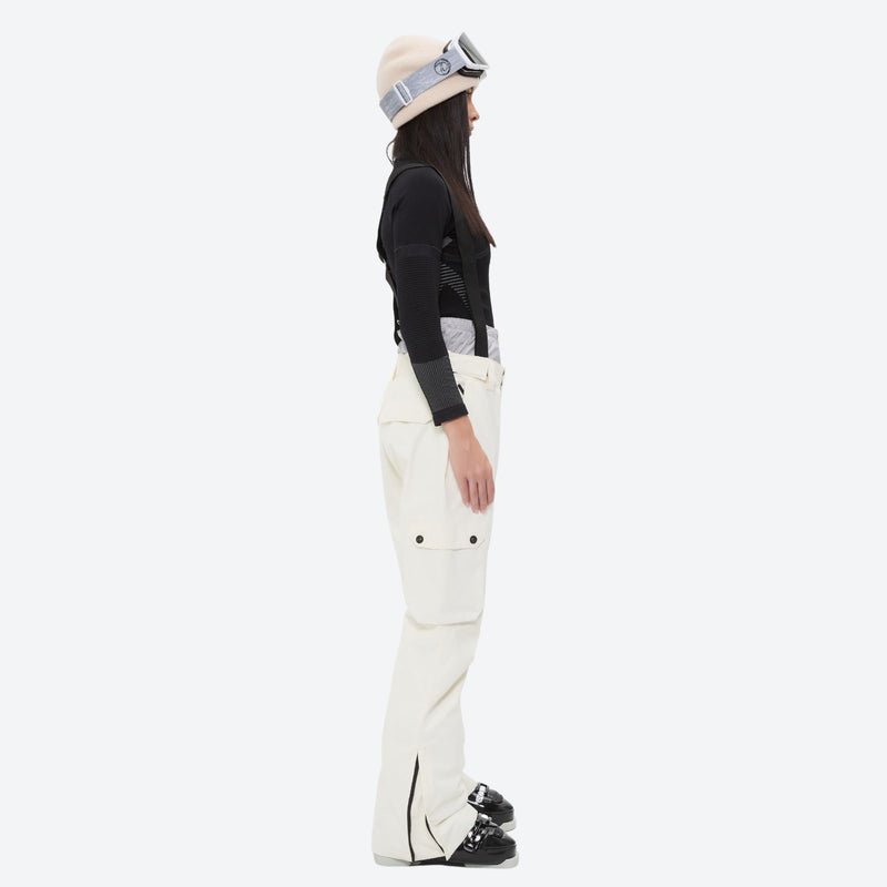 Women's 2-layer snowboard jacket and bibs set - white snow pants, on-model side view, for resort and cross-country days