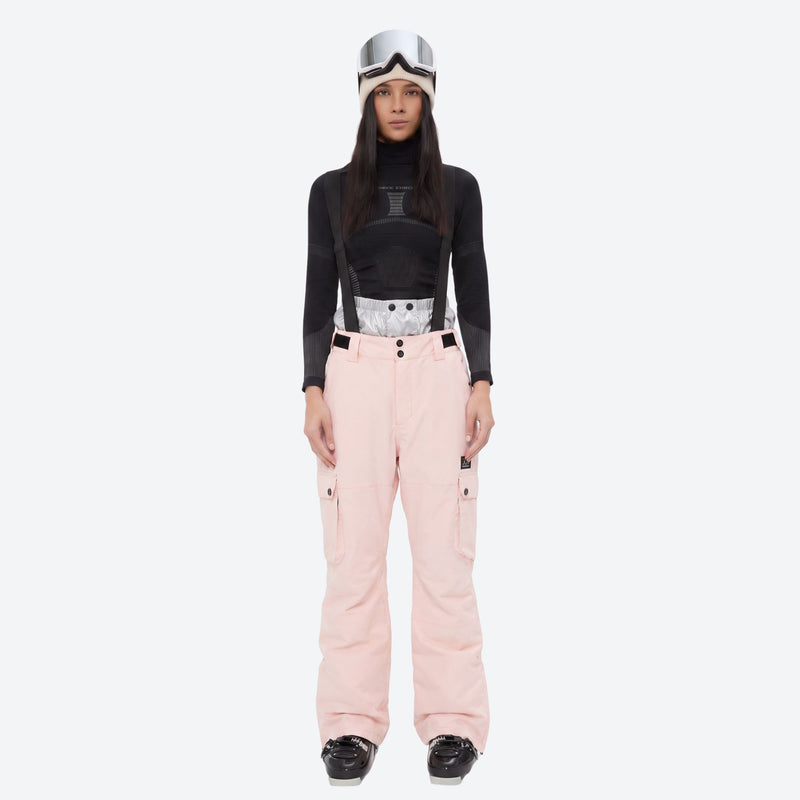 Women's 2-layer snowboard jacket and bibs set - light pink snow pants, on-model front view, for cold-weather winter sports