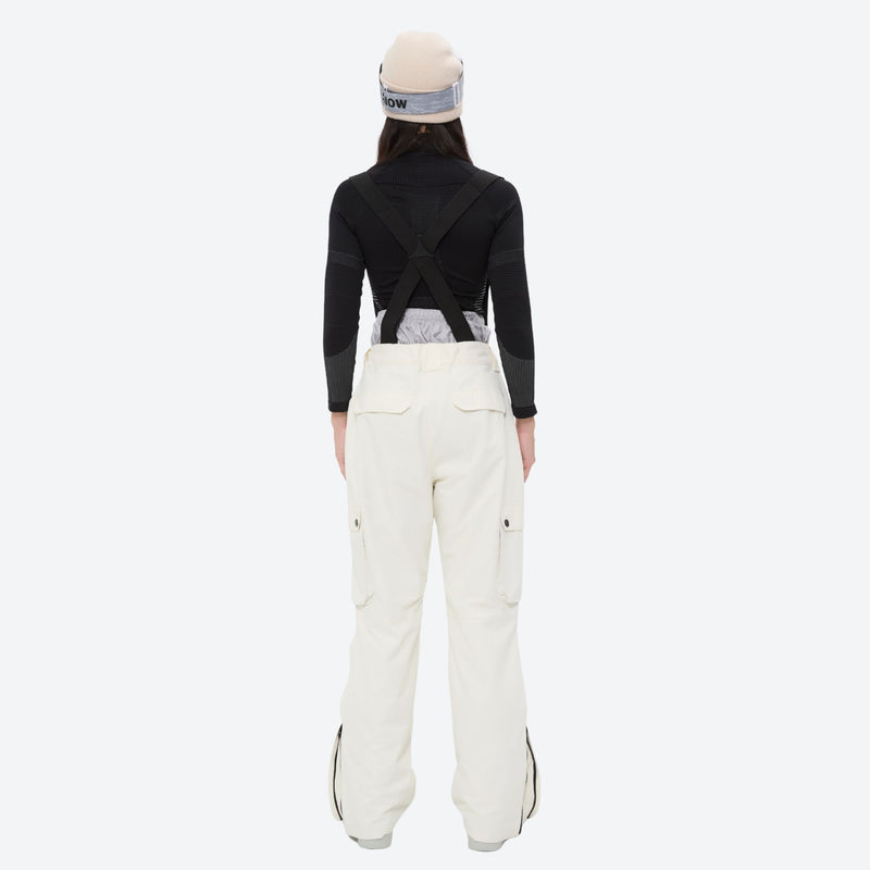 Women's 2-layer snowboard jacket and bibs set - white snow pants, on-model back view, for skiing and snowboarding