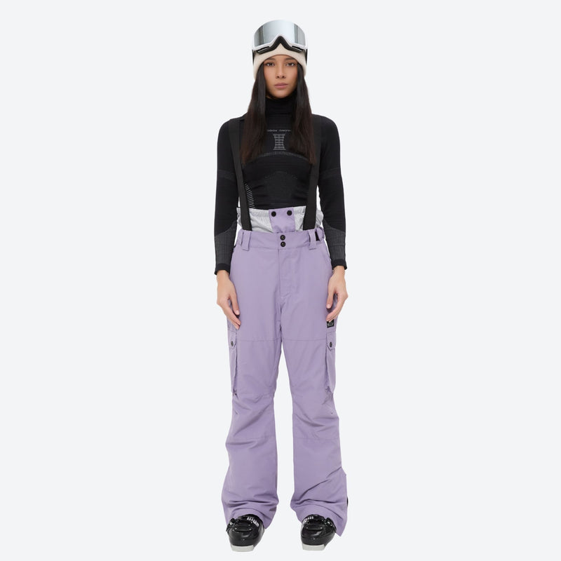 Women's breathable ski jacket with suspender pants - lavender snow pants, on-model front view, for cold-weather winter sports