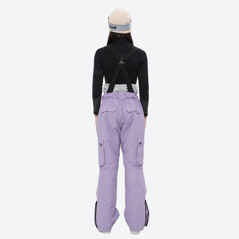 Women's waterproof 2L ski jacket and bib pants - lavender snow pants, on-model back view, for snowy mountain travel