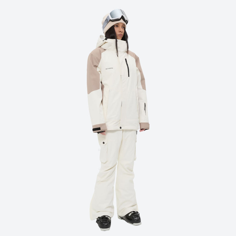 Women's waterproof 2L ski jacket and bib pants - white and tan colorblock jacket with white pants, knee vents dump heat