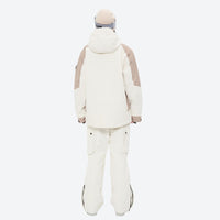 
                  
                    Women's breathable ski jacket with suspender pants - white and tan colorblock jacket with white pants, knee vents dump heat
                  
                