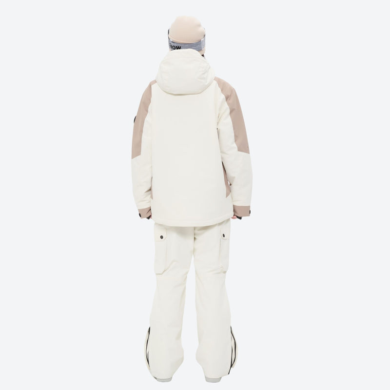 Women's breathable ski jacket with suspender pants - white and tan colorblock jacket with white pants, knee vents dump heat