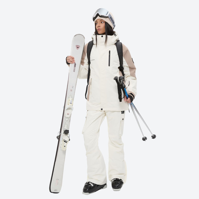 Women's 2-layer snowboard jacket and bibs set - white and tan colorblock jacket with white pants, knee vents dump heat
