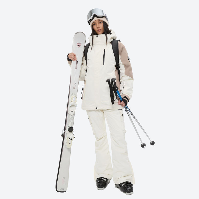 Women's waterproof 2L ski jacket and bib pants - white and tan colorblock jacket with white pants