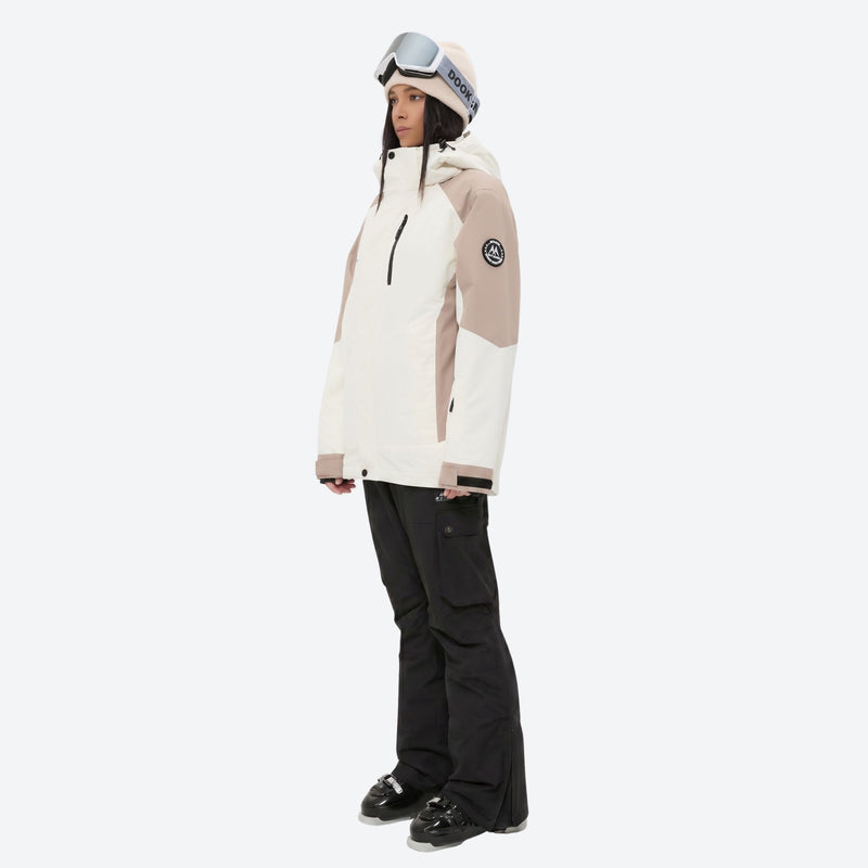 Women's breathable ski jacket with suspender pants - white and tan colorblock jacket with black pants