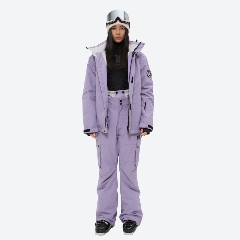 Women's waterproof 2L ski jacket and bib pants - lavender jacket with lavender pants, for cold-weather winter sports
