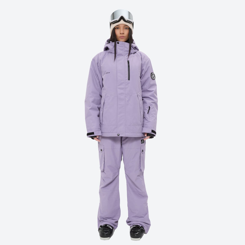 Women's waterproof 2L ski jacket and bib pants - lavender jacket with lavender pants, for snowy mountain travel