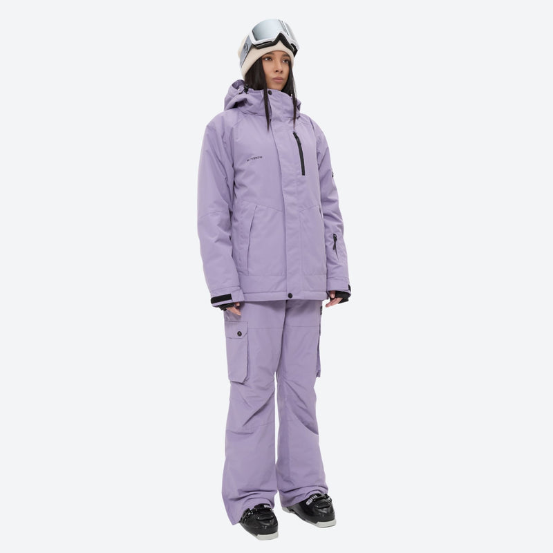 Women's breathable ski jacket with suspender pants - lavender jacket with lavender pants, for snowy mountain travel