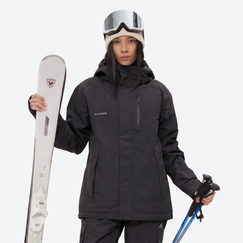 Women's breathable ski jacket with suspender pants - black jacket with black pants, for resort and cross-country days