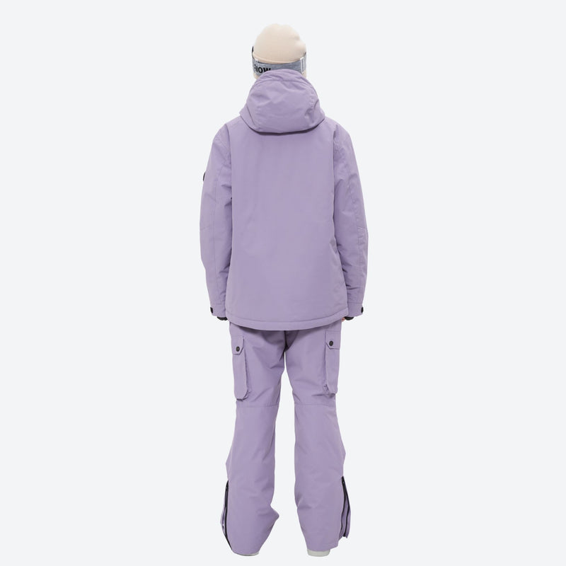 Women's waterproof 2L ski jacket and bib pants - lavender jacket with lavender pants, for resort and cross-country days