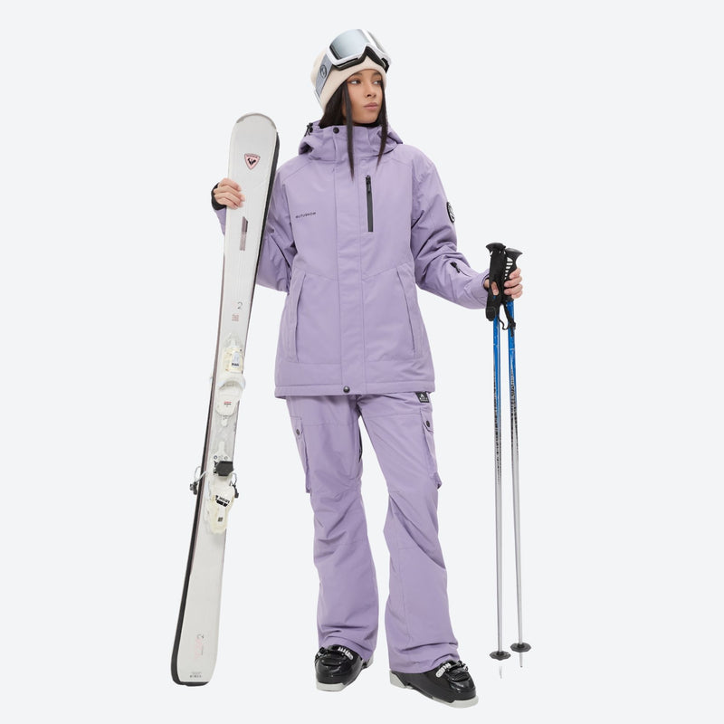 Women's waterproof 2L ski jacket and bib pants - lavender jacket with lavender pants, 2-layer waterproof breathable shell