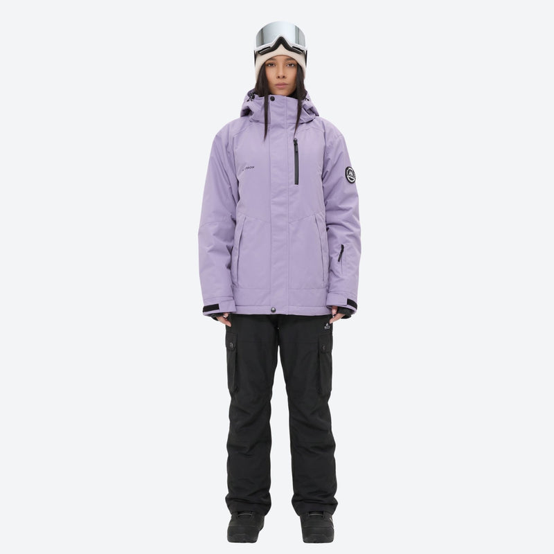 Women's breathable ski jacket with suspender pants - lavender jacket with black pants, for cold-weather winter sports