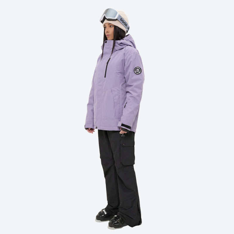Women's 2-layer snowboard jacket and bibs set - lavender jacket with black pants, for snowy mountain travel