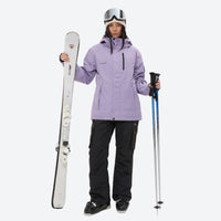
                  
                    Women's waterproof 2L ski jacket and bib pants - lavender jacket with black pants, for skiing and snowboarding
                  
                