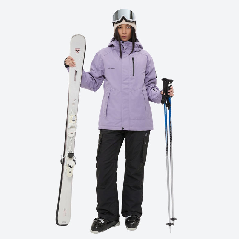 Women's waterproof 2L ski jacket and bib pants - lavender jacket with black pants, for skiing and snowboarding