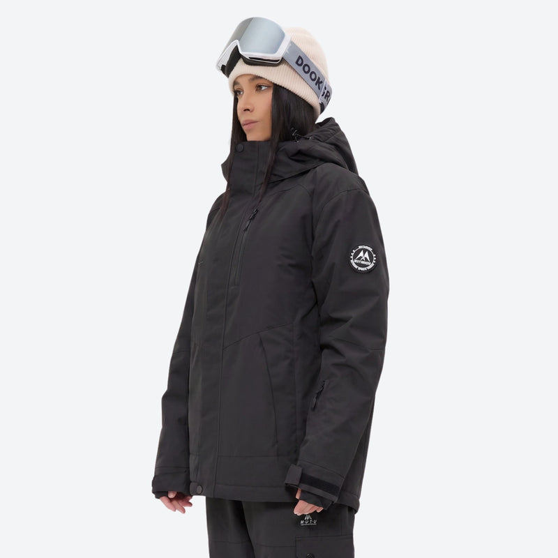 Women's 2-layer snowboard jacket and bibs set - black, on-model hood side view, for cold-weather winter sports