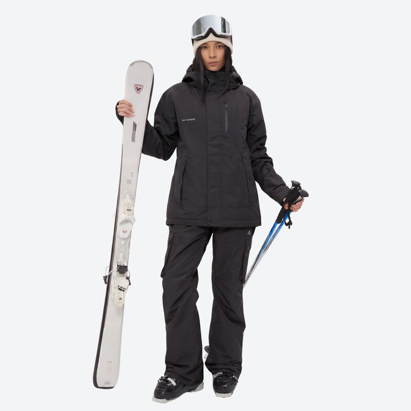 Women's 2-layer snowboard jacket and bibs set - black jacket with black pants, for resort and cross-country days