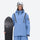 Breathable ski jacket and snow pants combo - blue, on-model front with upright snowboard, for skiing and snowboarding