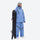 Breathable ski jacket and snow pants combo - blue, on-model back hood view, for powder and piste riding