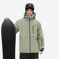 
                  
                    Breathable 3-layer suspender bibs with reflective trim - sage green jacket with black bib pants, for resort and street wear
                  
                