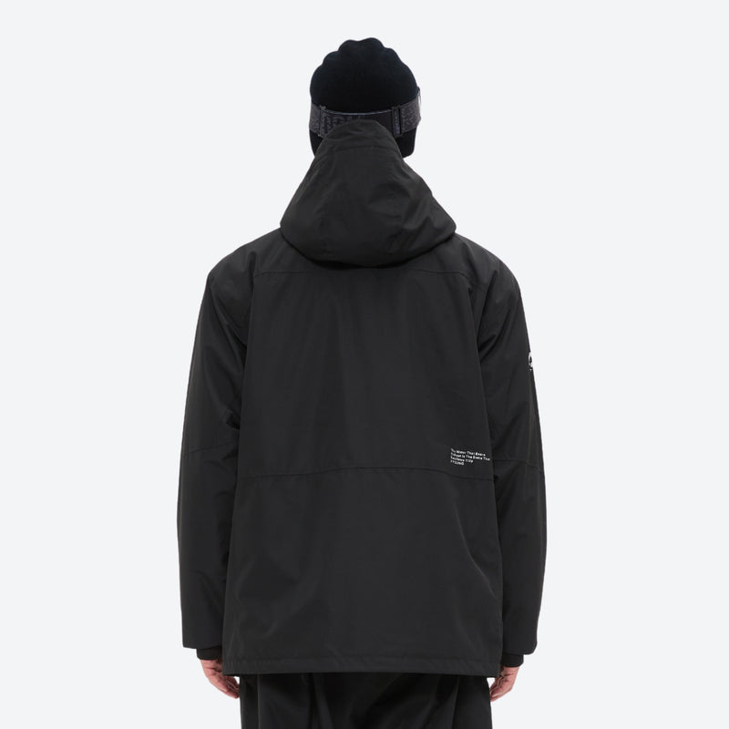Unisex waterproof 3L bib snow pants - black jacket with black bib pants, on-model back hood view, for resort and street wear