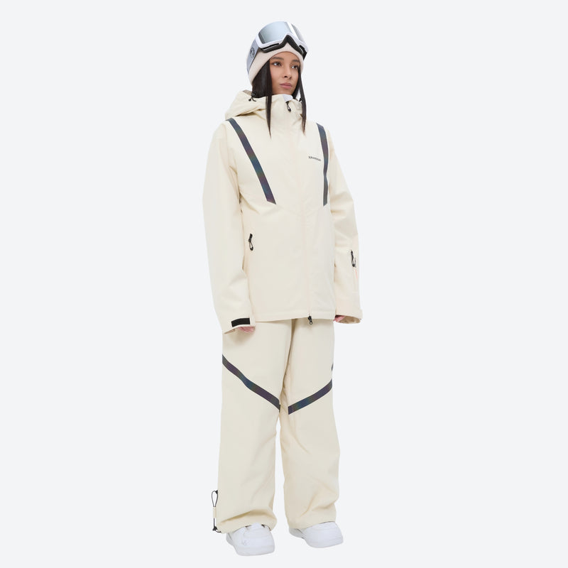 Women's snowboard jacket and wide-leg pants - cream jacket with cream pants, for resort and street wear
