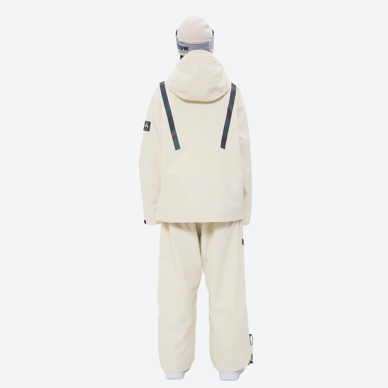 Colorblock snowboard jacket and pants set - cream, on-model front with snowboard and backpack, for powder and piste riding