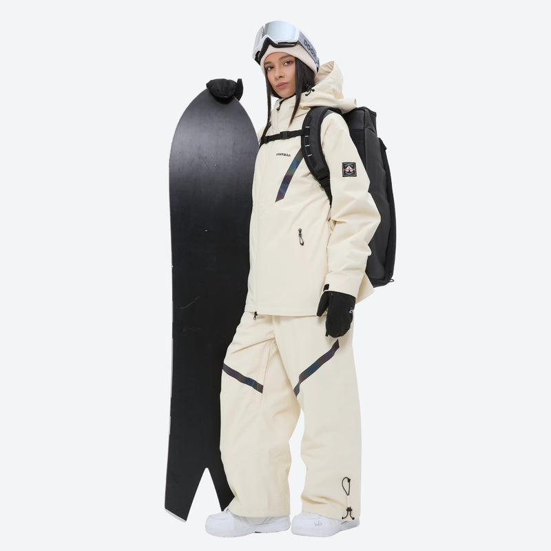 Women's breathable ski jacket with iridescent straps - cream jacket with cream pants, for skiing and snowboarding