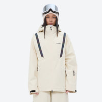 
                  
                    Women's breathable ski jacket with iridescent straps - cream jacket, on-model front view, for skiing and snowboarding
                  
                