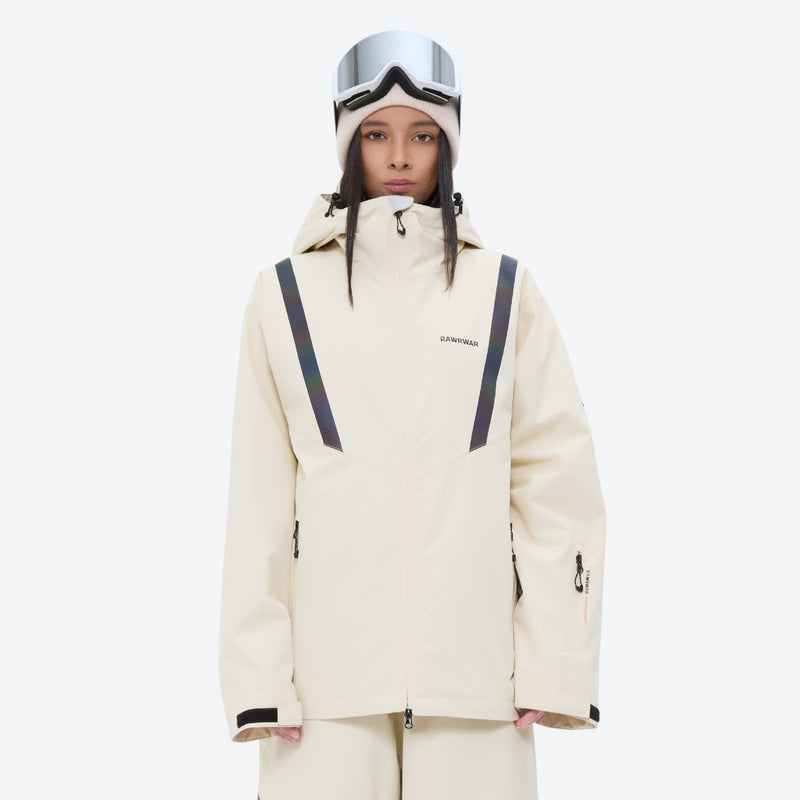 Women's breathable ski jacket with iridescent straps - cream jacket, on-model front view, for skiing and snowboarding