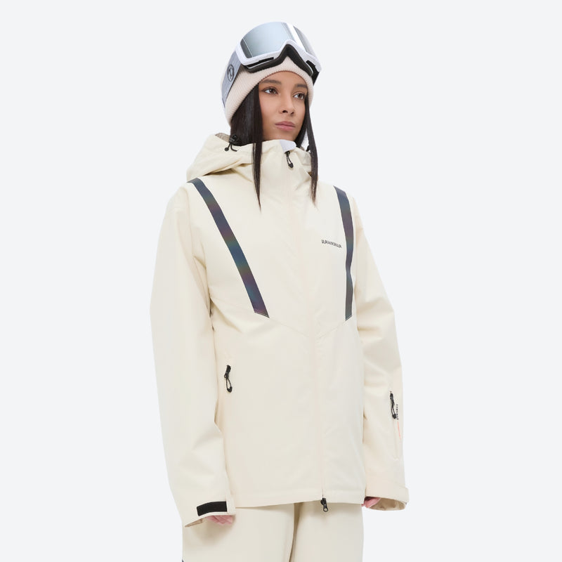 Women's breathable ski jacket with iridescent straps - cream jacket, on-model front view, for cold-weather winter sports